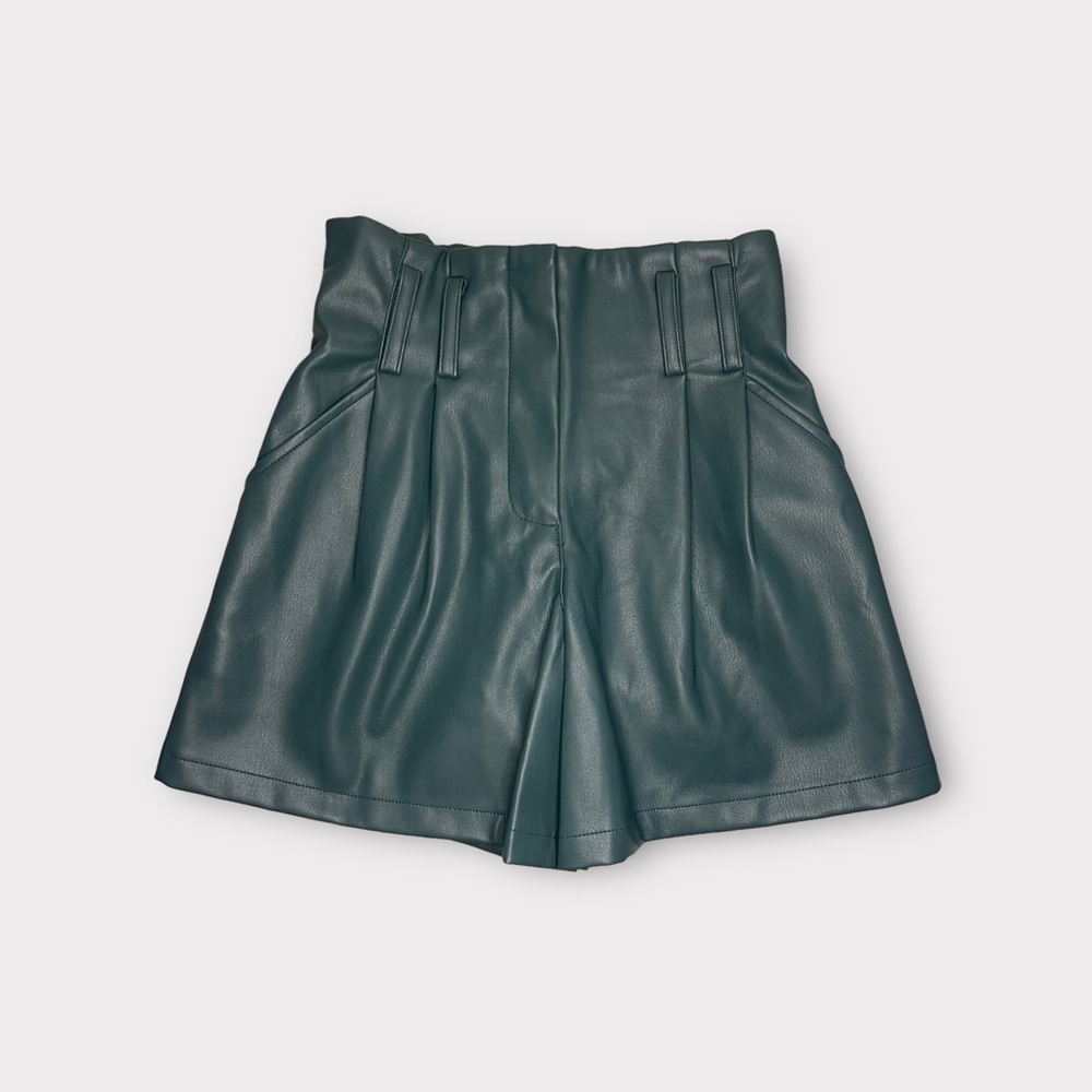 Zara Green Faux Leather Pleated Shorts